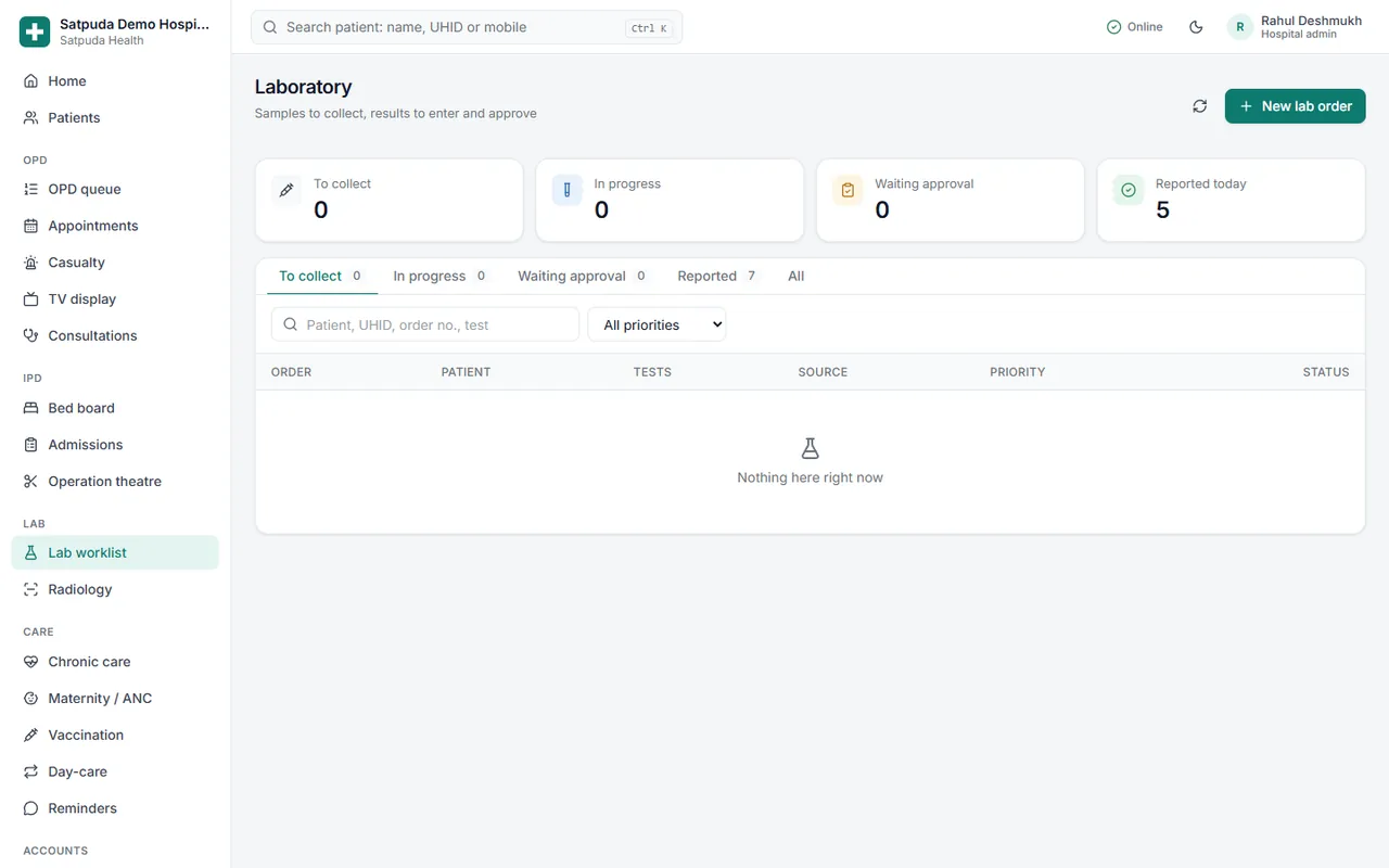Lab worklist screen of Satpuda Core Health
