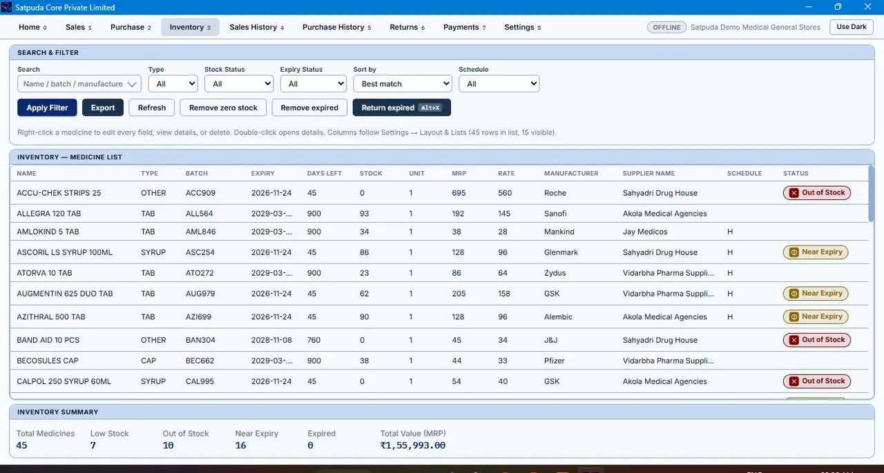 Inventory of SatpudaCore Medical Management